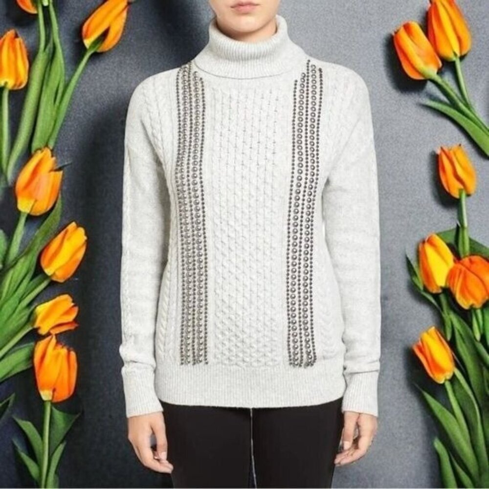 Halogen Wool Blend Turtle Neck Beaded Knit Sweater Holiday Cozy‎ Cabincore MP